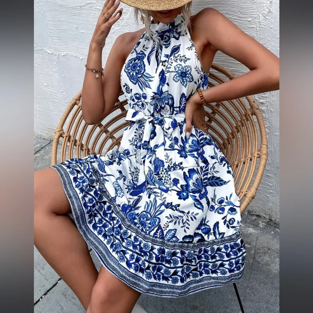 Boho Floral Paisley Print Belted Ruffle Hem Halter Dress WHITE BLUE - Picture 5 of 6